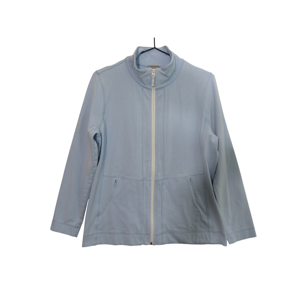 T by Talbots Full Zip Jacket Womens LP Blue Mock Neck Cotton Athletic Academia